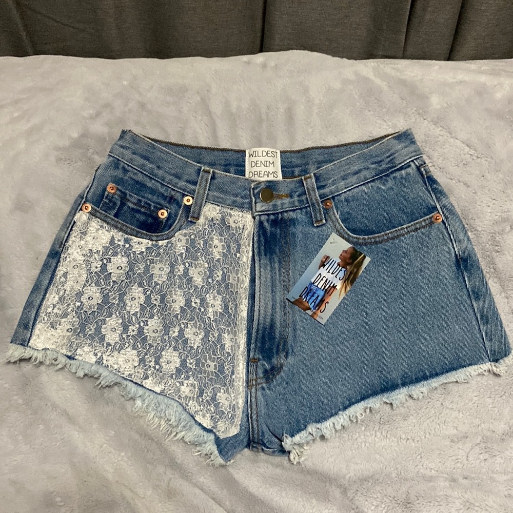 Wildest Denim Dreams lace detail super short high rise shorts